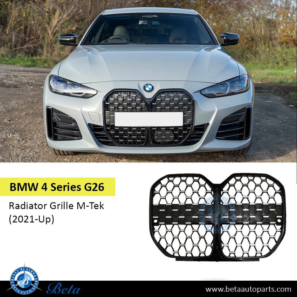 Radiator Grille M-Tek Look with Camera Hole Black and Chrome color for BMW 4 Series G26 2021-Up models, Part Number 51139466877 Radiator Grille M-Tek Look with Camera Hole Black and Chrome color for BMW 4 Series G26 2021-Up models, Part Number 51139466877